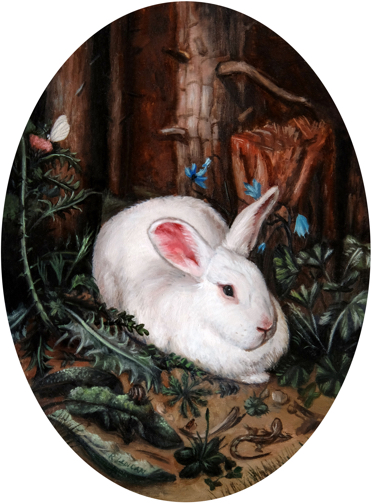 Miniature rabbit painting, A Rabbit in the Forest, after Hans Hoffmann. oil on aluminum by Rebecca Luncan