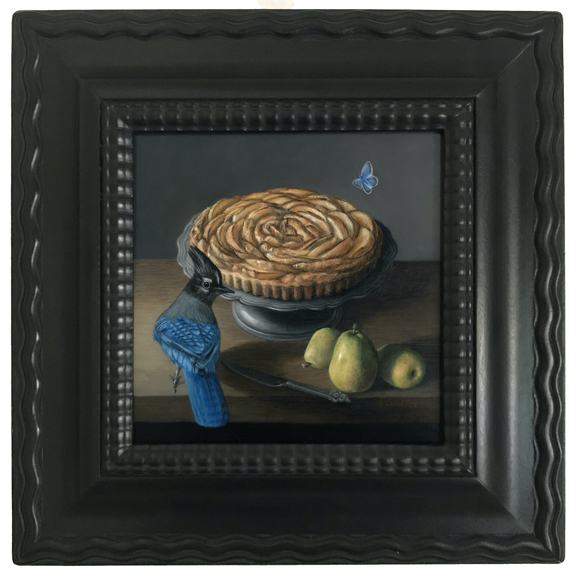 Dutch ripple frame Still life French Pear Tart and steller Jay oil painting by Rebecca Luncan