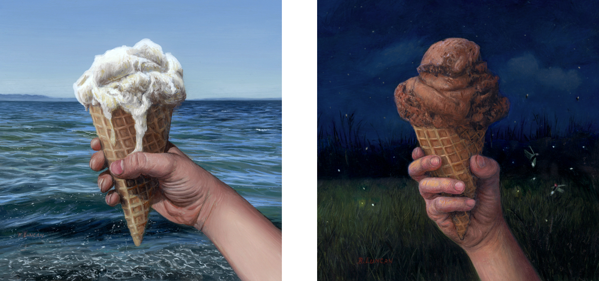 photo realist oil paintings of ice cream on a summer day and summer night by Rebecca Luncan