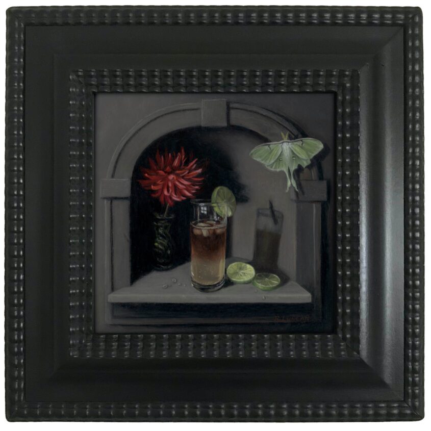 still life Oil painting of dark and stormy cocktail with red dhalia and luna moth in the dutch still life style by Rebecca Luncan