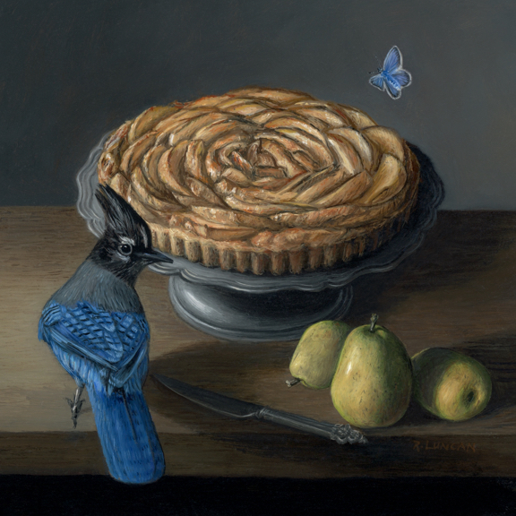 still life oil painting of french pear tart by Rebecca Luncan