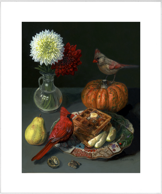 cardinals, waffles and english porcelain still life painting by Rebecca Luncan