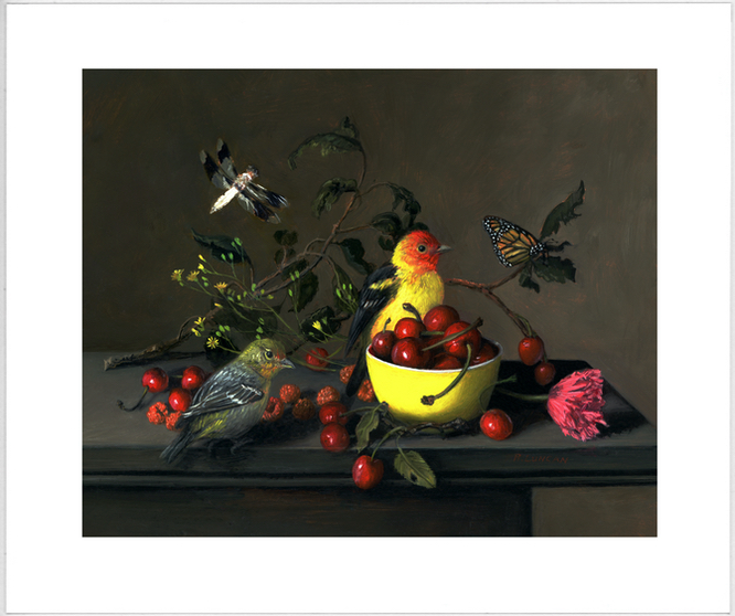 Western Tanagers still life painitng with cherris and porcelain bowl by Rebecca Luncan