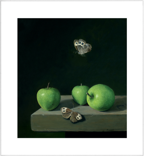 green apples and Wood Nymphs oil painting still life by Rebecca Luncan