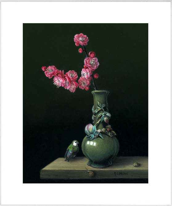 peach blossoms, Violet-green Swallow and porcelaina vase still life painting by Rebecca Luncan