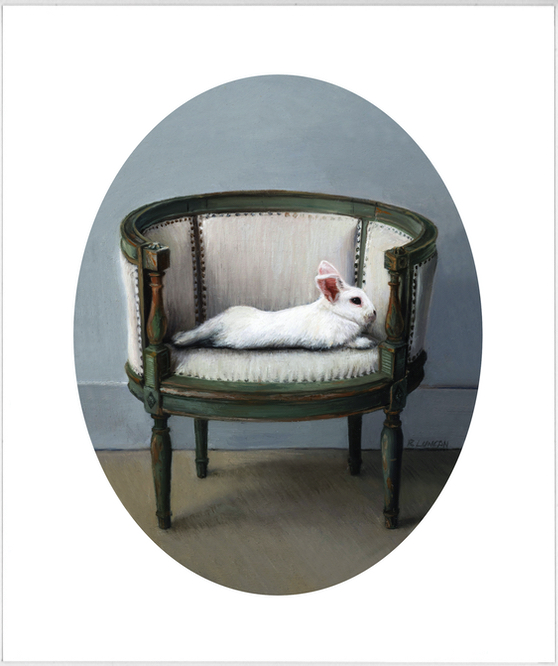 white rabbit laying on chair oil painting on copper by Rebecca Luncan