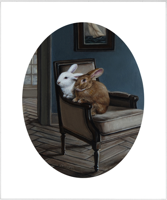 two rabbits in chair oil painting by Rebecca Luncan
