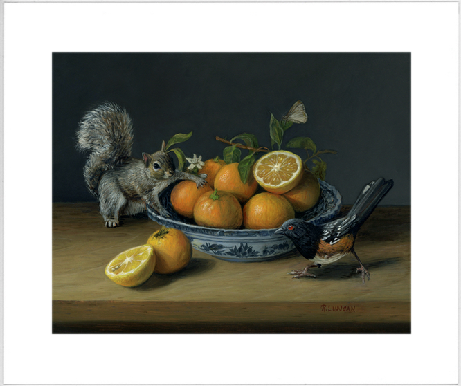 meyer lemmons in porcelain bowl with squirel and Spotted Towhee oil painting by Rebecca Luncan