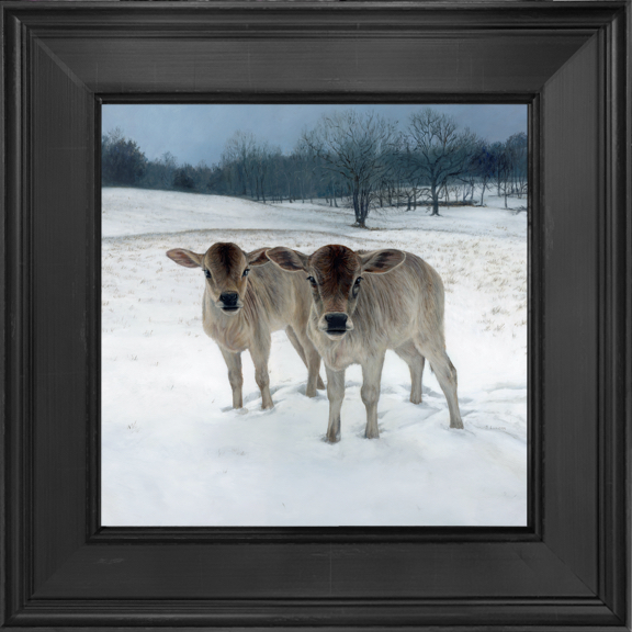 zebu calves in the snow, oil painting by Rebecca Luncan