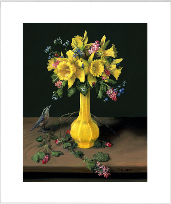 nuthatch and daffodils in yellow glass chinese vase still life painting by Rebecca Luncan