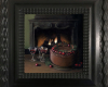 hearth, chocolate cake and three glasses of port, miniature holiday still life painting by Rebecca Luncan