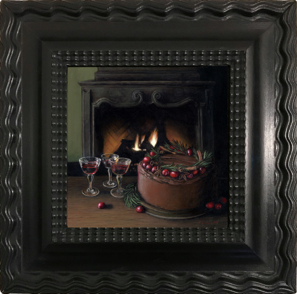 hearth, chocolate cake and three glasses of port, miniature holiday still life painting by Rebecca Luncan