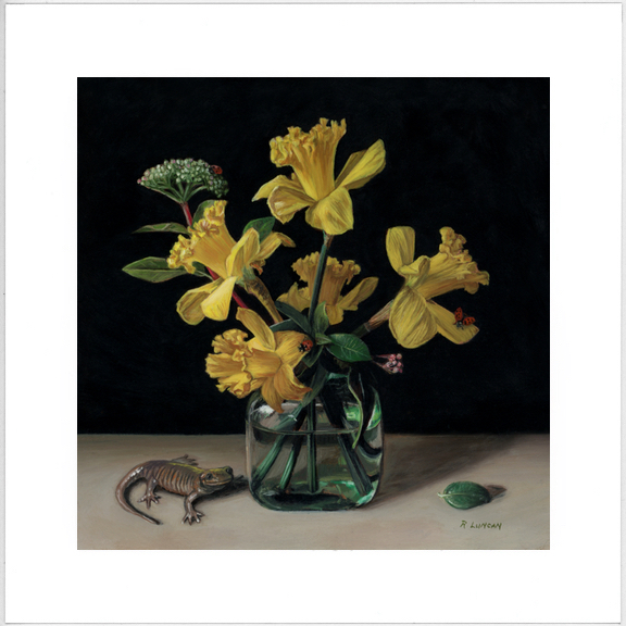 daffodils in glass vase still life painting by Rebecca Luncan