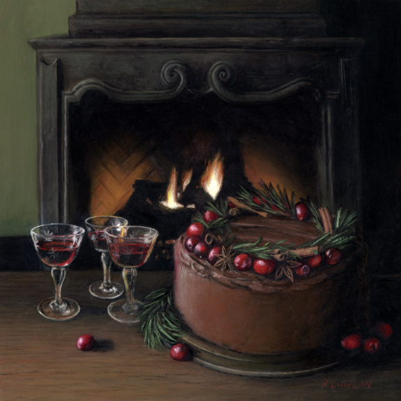 Hearth, chocolate cake and port by the fire, oil painting by Rebecca Luncan