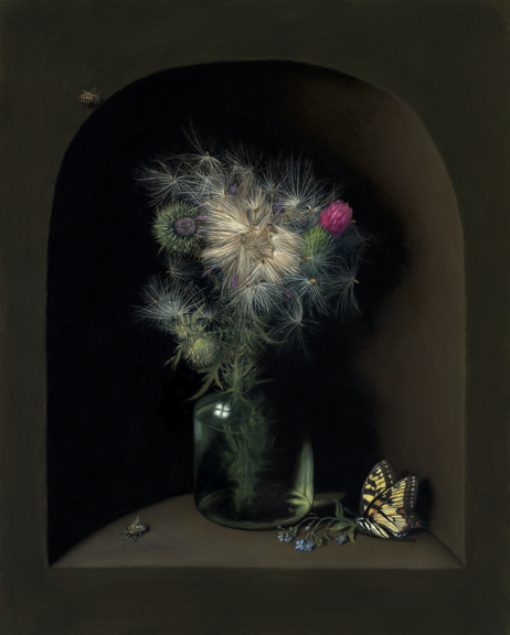 Thistle oil painting with butterfly by Rebecca Luncan