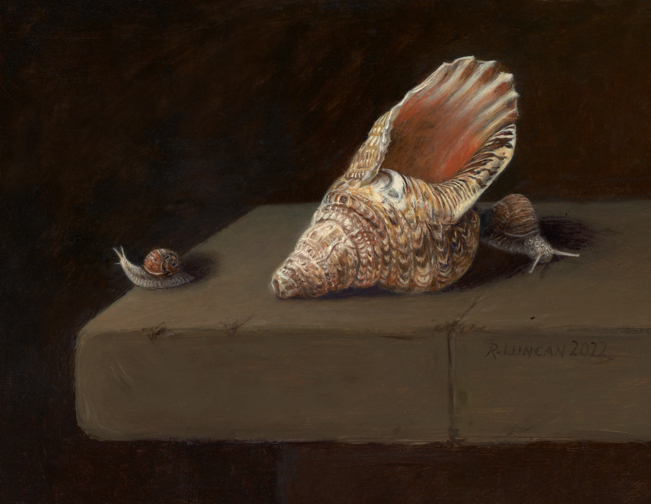 shell and snails oil painting still life by Rebecca Luncan on copper