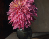 still life floral painting of Dahlia in Glass Vase, oil on copper, by Rebecca Luncan
