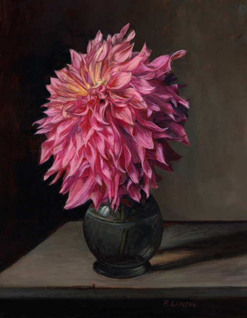 still life floral painting of Dahlia in Glass Vase, oil on copper, by Rebecca Luncan