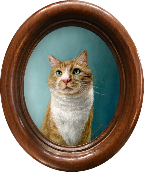 Green eyed Cat portrait painting in antique wooden frame by Rebecca Luncan