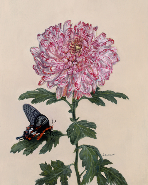 Swallowtail butterfly and Mum oil painting still life by Rebecca Luncan