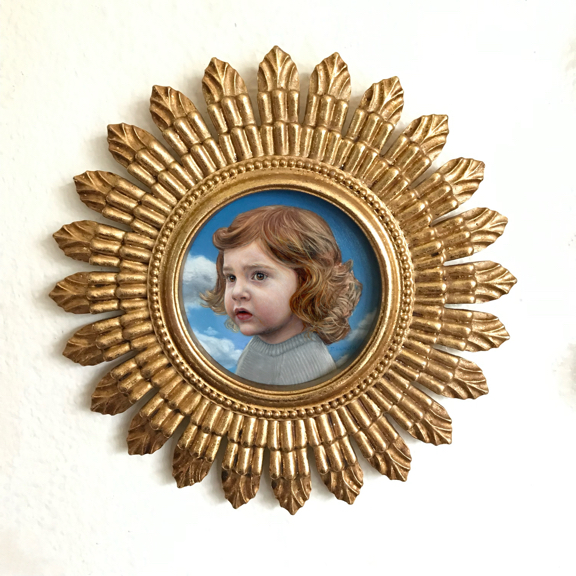 portrait miniature oil paitning , childs portrait in sunburst frame by Rebecca Luncan