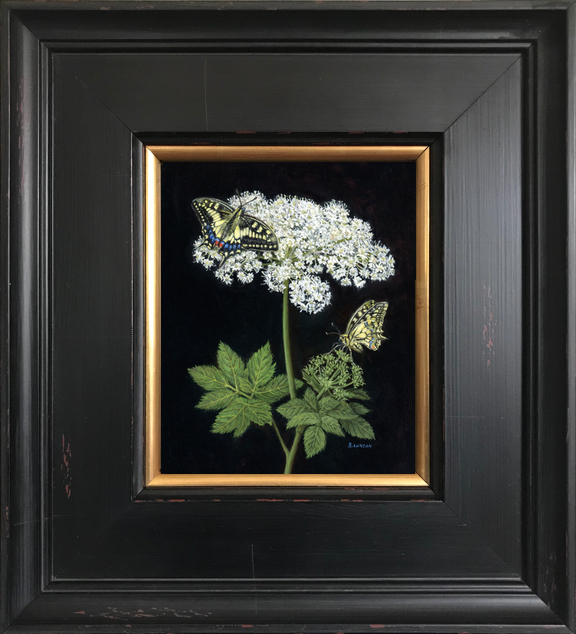 Old World Swallowtail, framed oil painting on aluminum by Rebecca Luncan still life painting