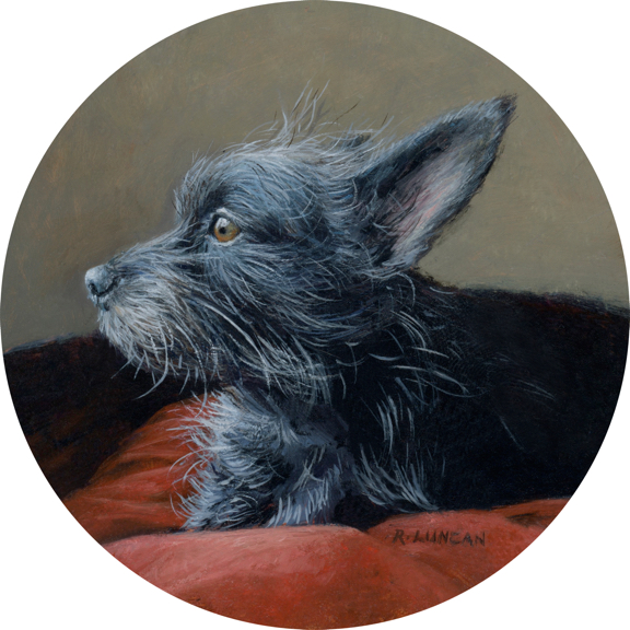 scottish terrier pet portrait oil painting miniature by Rebecca Luncan