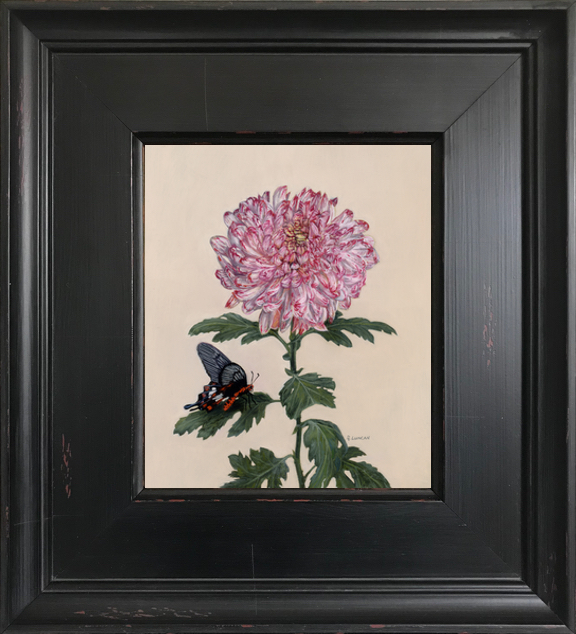 Common rose swallowtail butterfly on mum framed floral oil painting by Rebecca Luncan