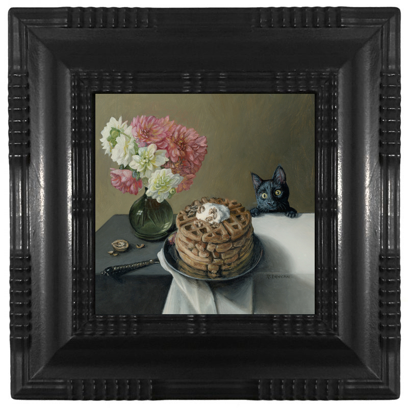 hand made dutch ripple frame still life paitning floral with waffles and cat by Rebecca Luncan