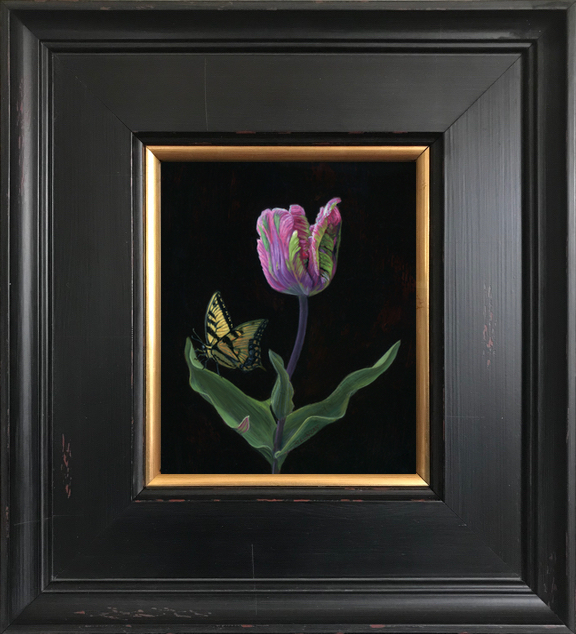 Framed Western Tiger Swallowtail and Parrot Tulip botanical still life painting by Rebecca Luncan