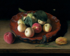 Still life oil painting on copper Asian Pears and Peaches on Lacquer Tray by Rebecca