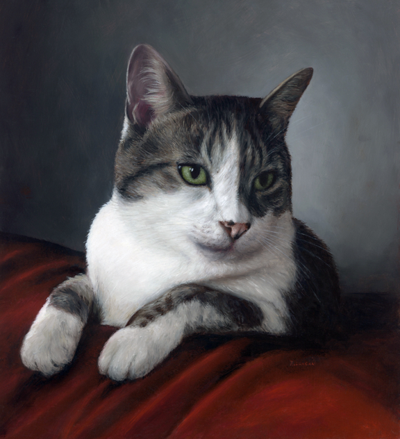 Traditional cat portrait on red velvet painted in oils by classically trained portrait artist, Rebecca Luncan