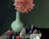 still life oil painting on aluminum of Figs and Cheese, Robin, flower and celadon dragon vase by Rebecca Luncan