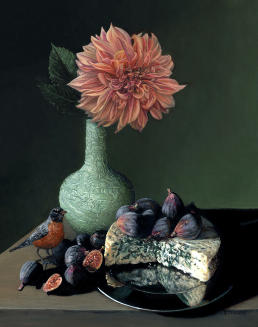 still life oil painting on aluminum of Figs and Cheese, Robin, flower and celadon dragon vase by Rebecca Luncan