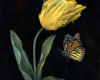 Yellow Tulip and Monarch Butterfly, oil painting on aluminum, by Rebecca Luncan