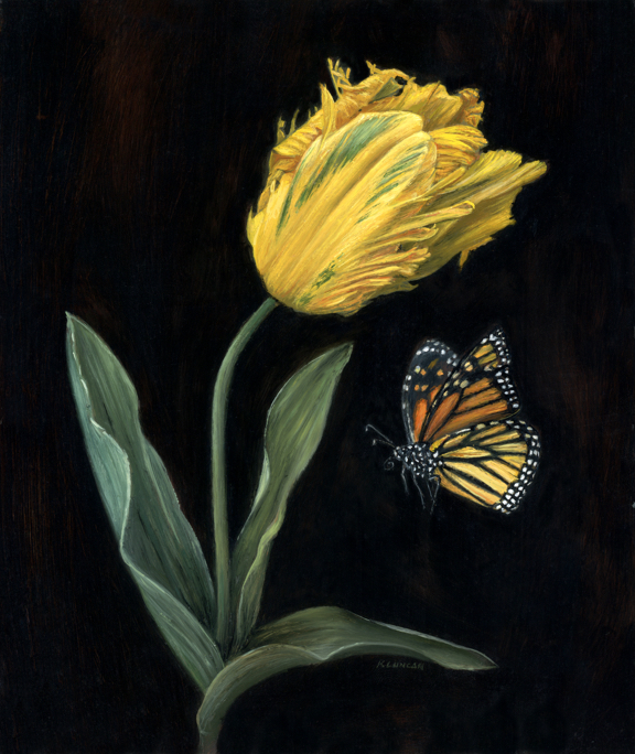 Yellow Tulip and Monarch Butterfly, oil painting on aluminum, by Rebecca Luncan 