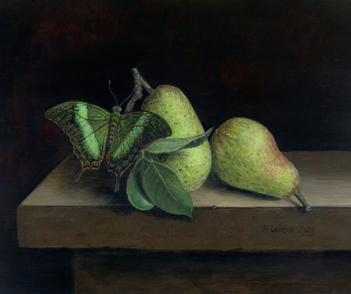 Pears and Peacock Swallowtail Butterfly still life fruit oil painting by Rebecca Luncan