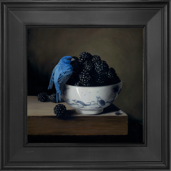 framed original painting of blackberries in porcelain bowl with Indigo bunting bird by Rebecca Luncan