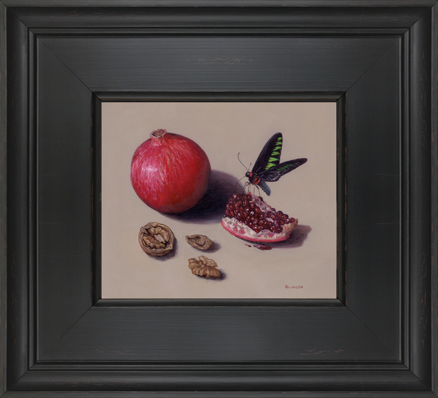 still life oill painitng pomegranate walnuts and birdwing swallowtail butterfly framed by Rebecca Luncan