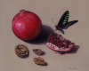 pomegranate walnuts and butterfly still life oil painting by Rebecca Luncan