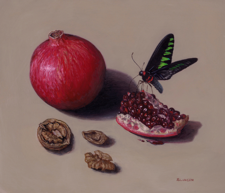 pomegranate walnuts and butterfly still life oil painting by Rebecca Luncan