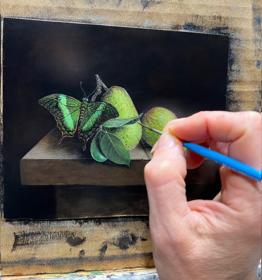 In progress, Pears and Peacock Swallowtail Butterfly still life fruit oil painting by Rebecca Luncan