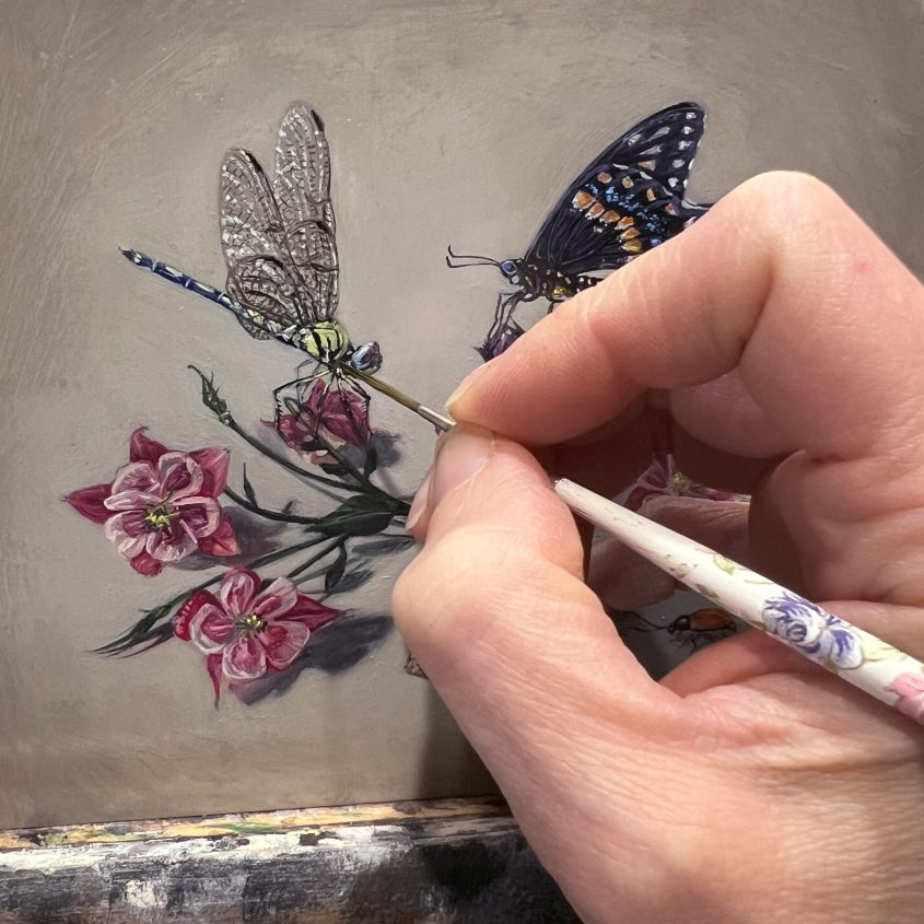 in progress still life painting of dragondly butterfly and columbine by Rebecca Luncan