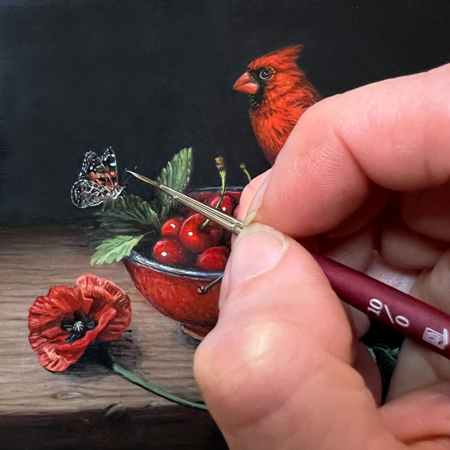 still life cardinal cherries in progress  contemporary realism by Rebecca Luncan