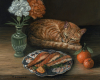 Still life painting with sleeping tabby, plate of salmon, oranges and carnations in vase by Rebecca Luncan