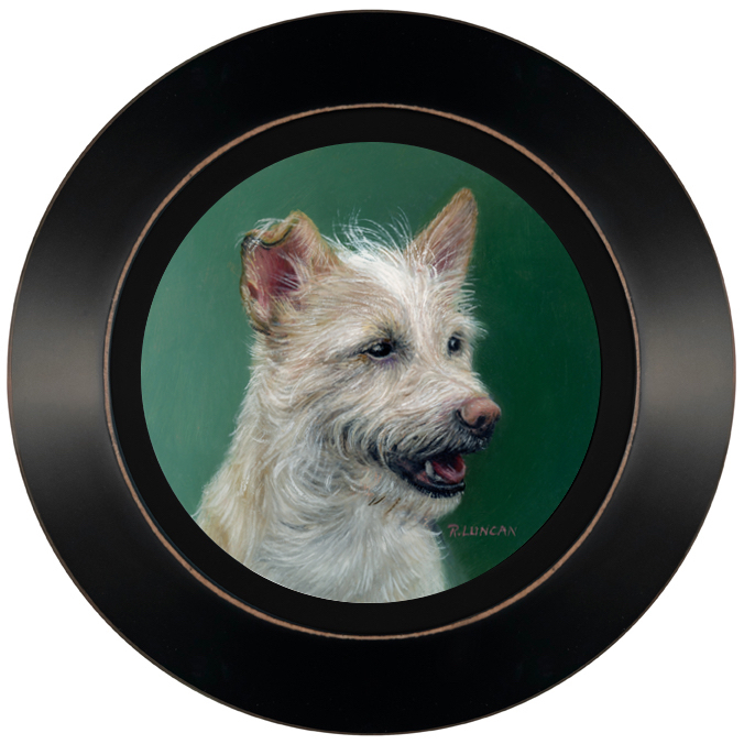 Framed oil portrait of Rocky, a cream-colored long-haired chihuahua mix, in a simple 1" black frame.