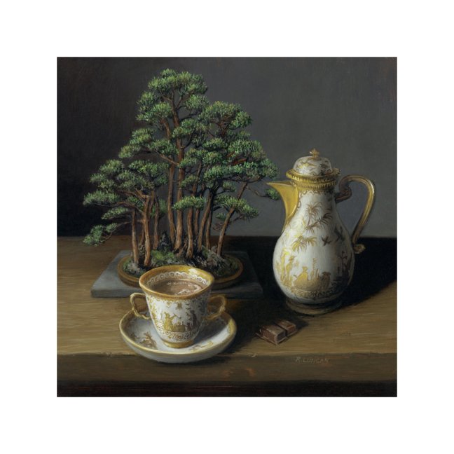 Hot Chotolate and bonsai still life limited edition print from oil painting by Rebecca Luncan