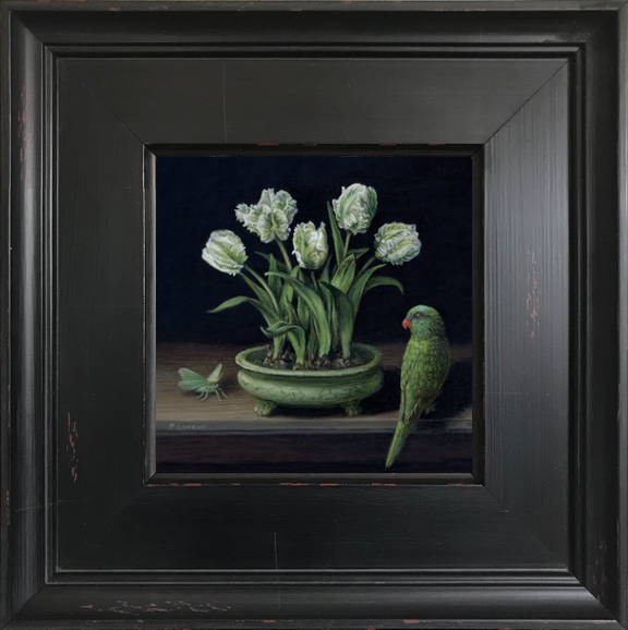 Framed miniature oil painting of parrot tulips in celadon with bird and moth, 5 x 5 inches