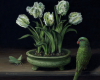 Still life in Green by Rebecca Luncan oil paitning miniature tulips, parrot and moth 