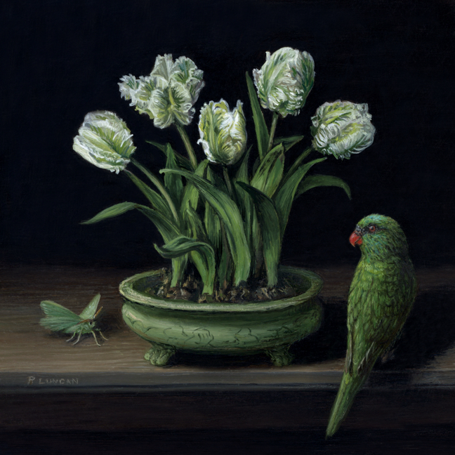Still life in Green by Rebecca Luncan oil paitning miniature tulips, parrot and moth 